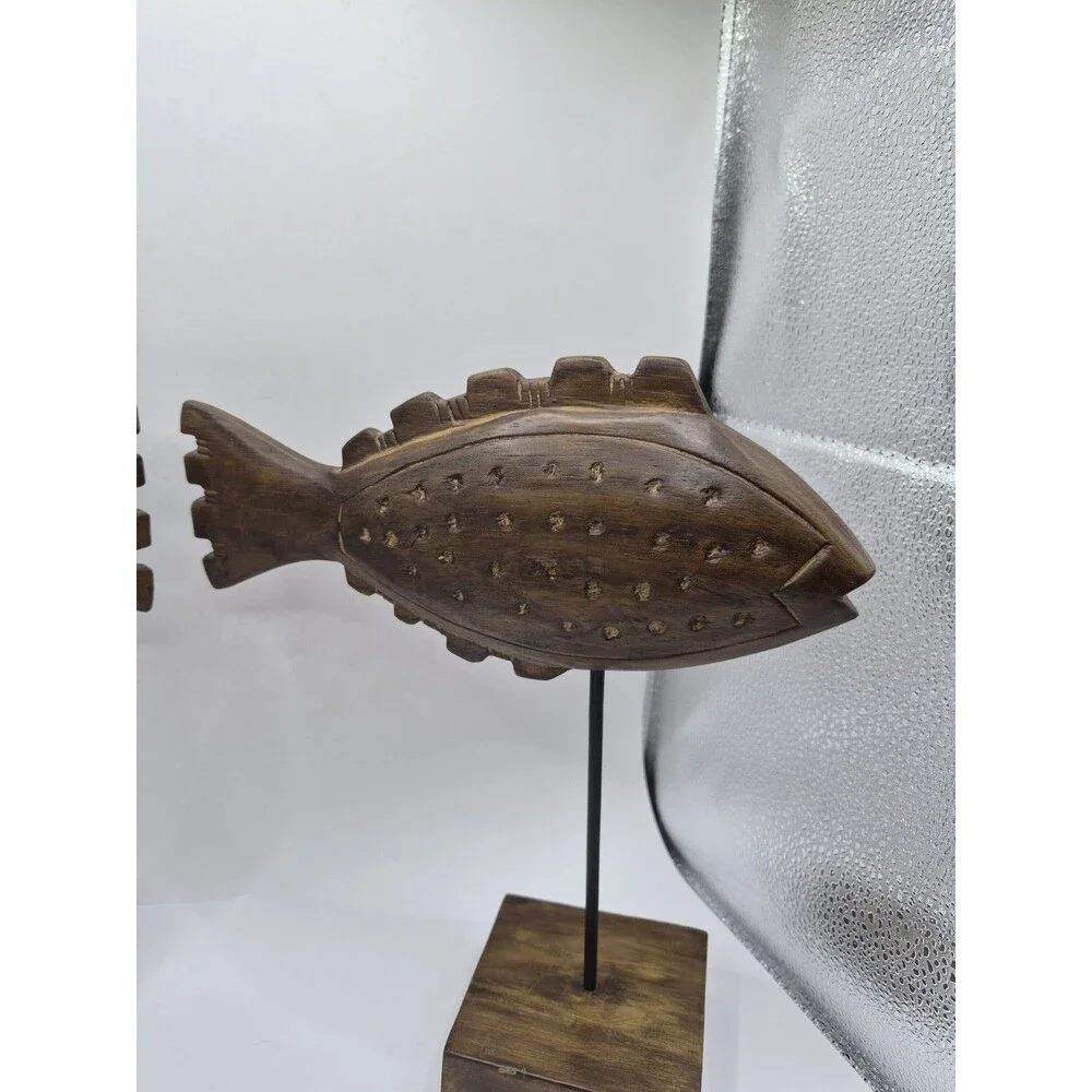 Wooden Hand Carved Fish On A Pedestal Portofino Rustic Coastal Decor